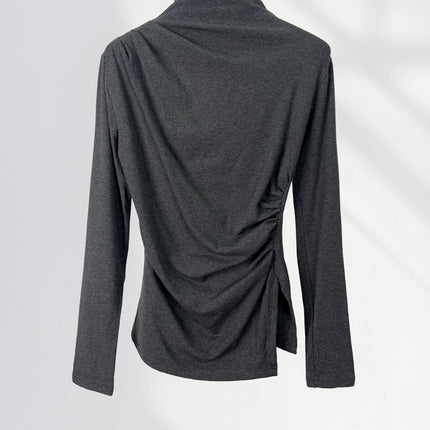 Elegant Slimming Combed Cotton Design High Collar Base Shirt Irregular Pleated Slim-fit Slimming Long-sleeved Top for Women