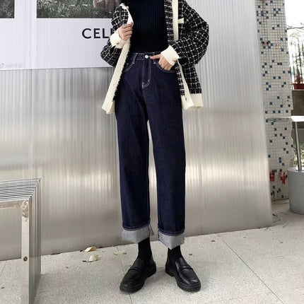 High waist wide leg jeans for women Spring and Autumn 2024 new dark blue loose straight all-match draping mop pants