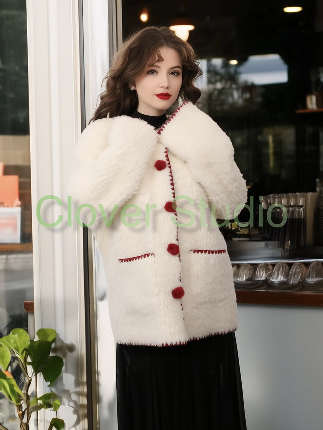 New Year Christmas War Gown Chanel Style Fur Ball Button Lamb Fur One-piece Fur Coat Women's Autumn and Winter