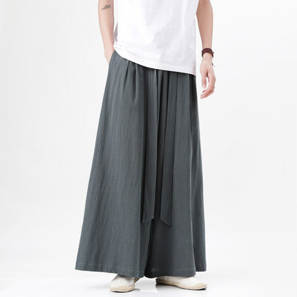 Summer Linen Pants Men's Chinese Style Loose Wide-Leg Pants Chinese Style Large Size Casual Pants Retro Long Pants Wide-Leg Culottes