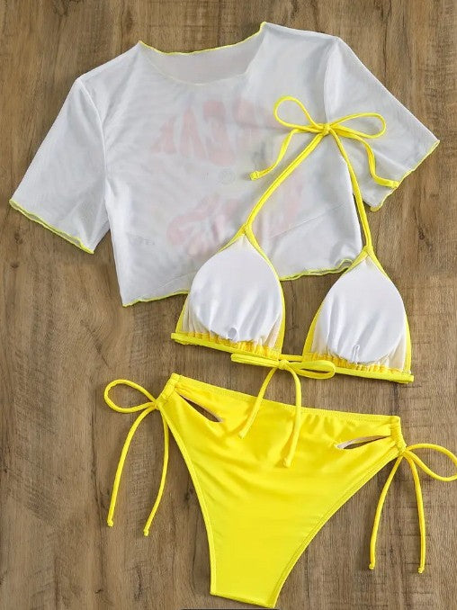 2025 Foreign Trade Sexy Bikini Three-piece Set European and American BIKINI Printed Short-sleeved Sunscreen Foreign Trade Swimwear