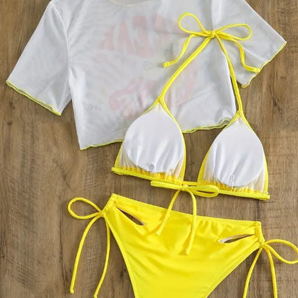 2025 Foreign Trade Sexy Bikini Three-piece Set European and American BIKINI Printed Short-sleeved Sunscreen Foreign Trade Swimwear