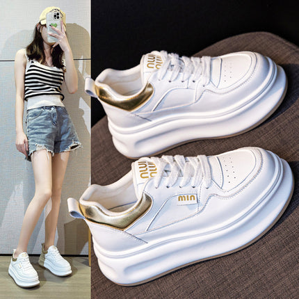 Women's White Sneakers with Hidden Height Increase, 2026 Summer Thin Mesh Breathable Sports Casual Sneakers, Popular Genuine Leather Platform Shoes