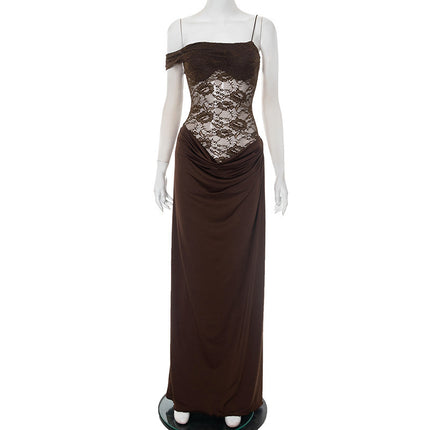 Personalized Design Cross-Border New Women's Solid Color One-Shoulder Lace See-Through Slit Temperament Sexy Waist Dress for Women