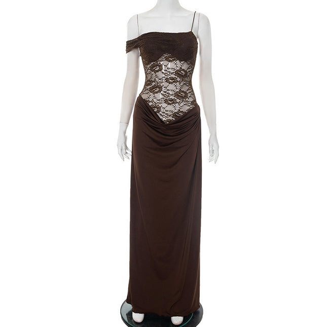 Personalized Design Cross-Border New Women's Solid Color One-Shoulder Lace See-Through Slit Temperament Sexy Waist Dress for Women