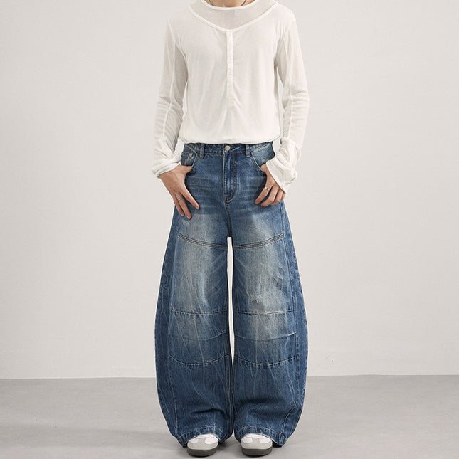 Lktm Men's Clothing American-Style Washed Lightning-Patterned Scimitar Jeans Unisex Trendy Brand Loose Fit Relaxed Long Pants