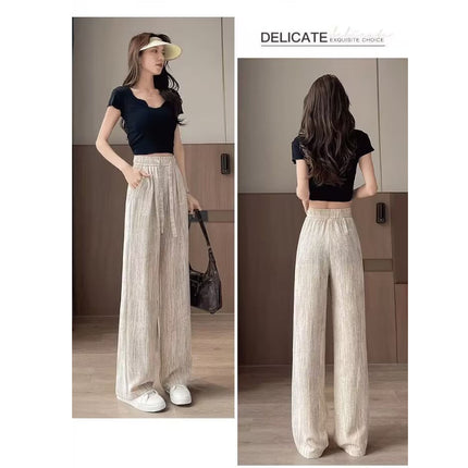 Women's Ice Silk Wide Summer Pants 2025 New High Waist Draped Lazy Drawstring Casual Floor-Length Pants