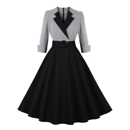 2024 Cross-Border Retro Cotton Dress for Women European and American Hepburn Style Plaid Splicing Coffee Three-Quarter Sleeve Large Hem Skirt