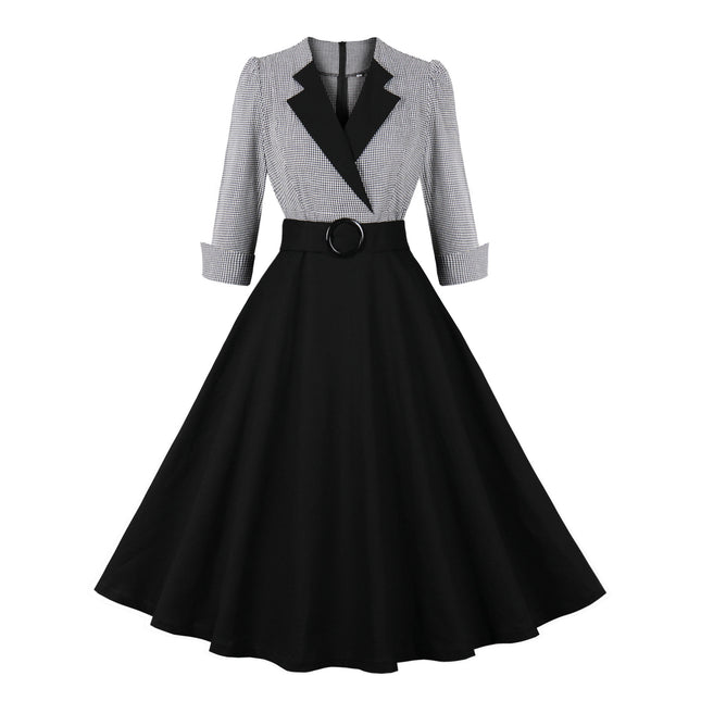 2024 Cross-Border Retro Cotton Dress for Women European and American Hepburn Style Plaid Splicing Coffee Three-Quarter Sleeve Large Hem Skirt