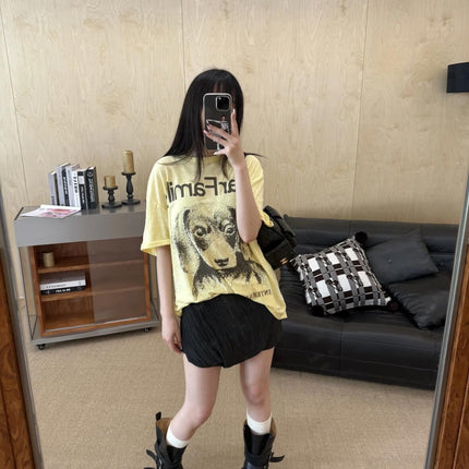 Spot Korean Niche 25 Summer New Style American Retro Lazy Style Loose Dog Print Round Neck Short-Sleeved T-Shirt