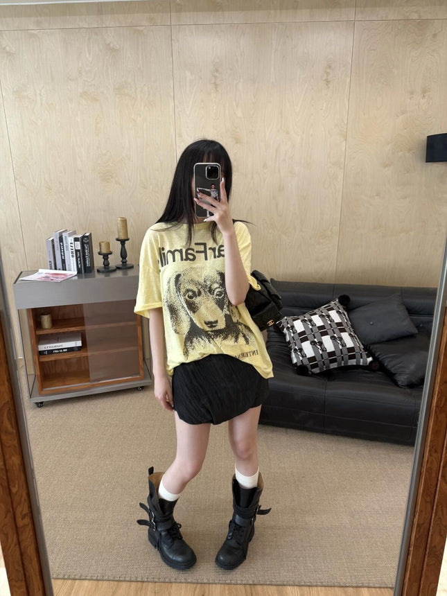 Spot Korean Niche 25 Summer New Style American Retro Lazy Style Loose Dog Print Round Neck Short-Sleeved T-Shirt