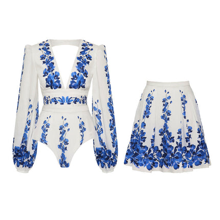 2025 Cross-Border European and American Long-Sleeved Sun Protection Swimsuit Floral Beach Vacation Split New Beach Skirt Suit 25325