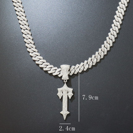 Cross-Border Large Sword Pendant Diamond-Studded Letter t Necklace European and American Hip-Hop Style Line Design
