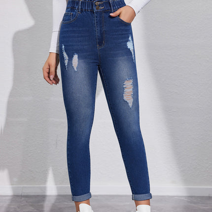 European and American Spring and Summer New Jeans High Elastic Washed High Waist Ripped Scrub Casual Pants Cross-border Jeans for Women
