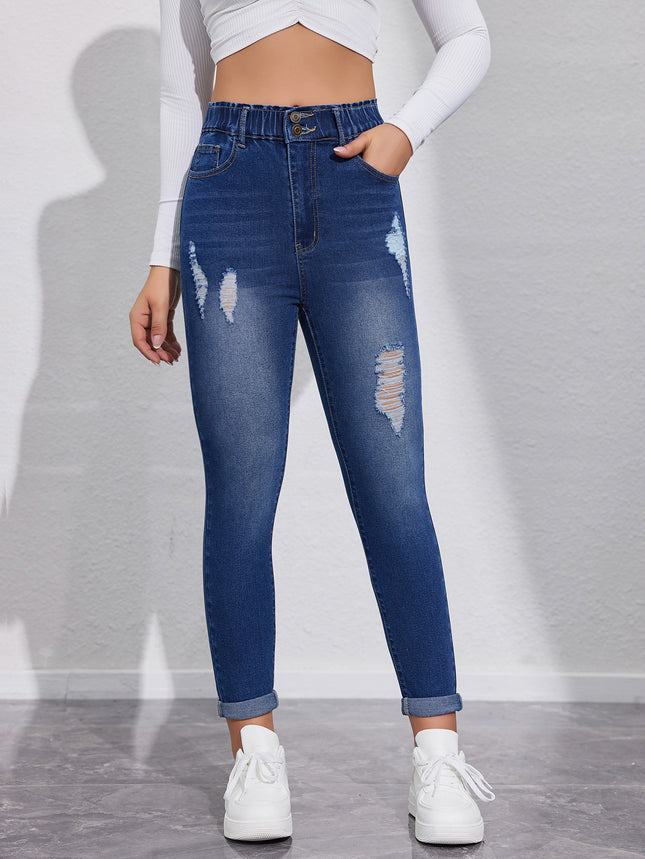 European and American Spring and Summer New Jeans High Elastic Washed High Waist Ripped Scrub Casual Pants Cross-border Jeans for Women