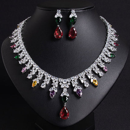 Luxury Dinner Dress Jewelry Red Zircon Necklace suit High-end Wedding Micro-inlay Bridal Wedding Earrings Jewelry