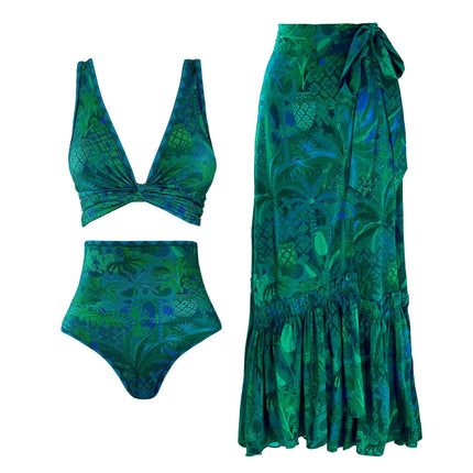 2024 European and American bikini New Green Double-sided Printed High Waist Split Swimsuit suit Women's Cross-border 25226