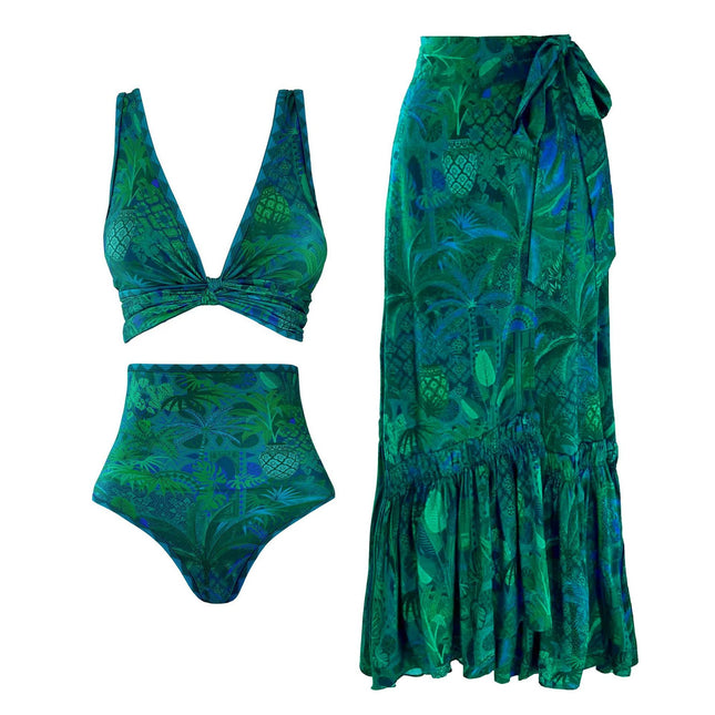 2024 European and American bikini New Green Double-sided Printed High Waist Split Swimsuit suit Women's Cross-border 25226
