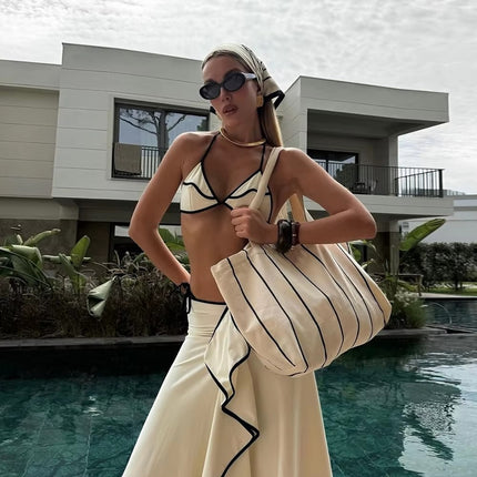 In-Stock European and American Cross-Border 2025 New Women's Swimsuit Two-Piece Solid Color Three-Piece Bikini Nylon Skirt Swimwear Set