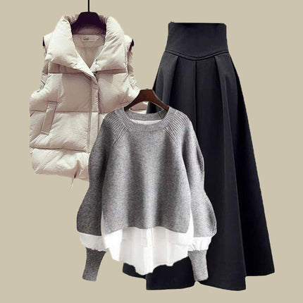 Autumn and Winter Outfits for Women 2025 New Large Size Loose Fake Two-Piece Sweater Versatile Vest Slimming Look Skirt Three-Piece Set