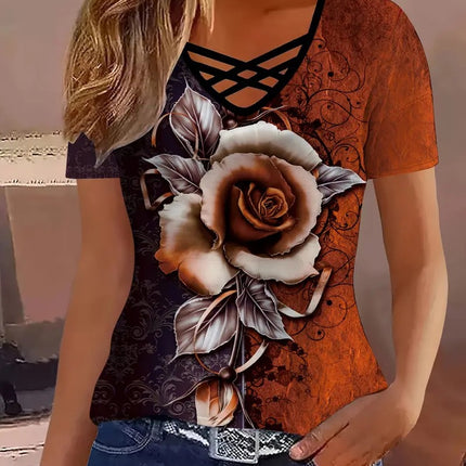European and American 2025 Amazon TEMU Spring and Summer Explosions Color Crossover V-neck Striped Elegant Casual Short-sleeved T-shirt for Women