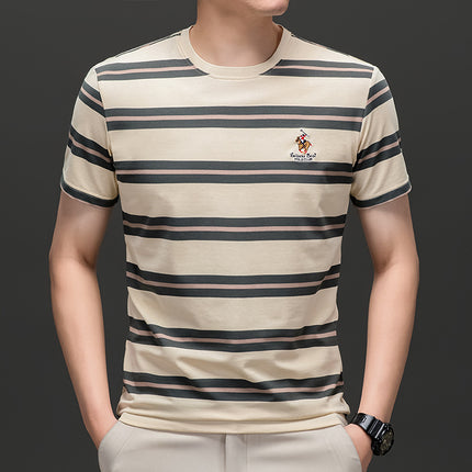 Mingdi Mouse Men's Summer New Short-sleeved Young and Middle-aged Crewneck T-shirt Business All-match Striped Men's T-shirt Top