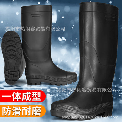 Thickened Black High-rise Men's Rain Shoes Frosted Long-tube Water Shoes Cover Foot Waterproof Rubber Shoes Non-slip Wear-resistant Labor Protection Shoes for Construction Site