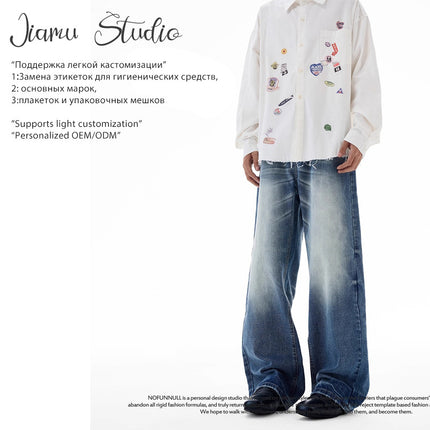 Jiamu American-Style King of Cattle Selvedge Denim Hand-Rubbed Cat Whisker Washed Jeans Men's Loose Draped A-Line Trousers