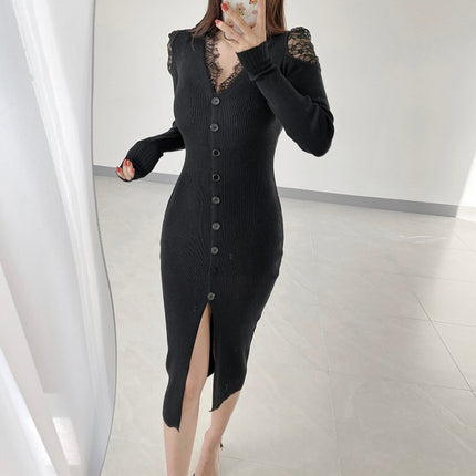 South Korea Dongdaemun Slim-fit Sexy Tight Waist Figure Feminine Lace Stitching Split Knitted Long-sleeved dress