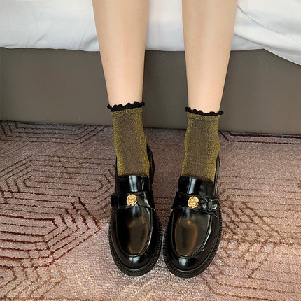 Sheepskin ~ Thick-Soled Small Leather Shoes for Women, Camellia Slip-On Genuine Leather Loafers, British Retro Thick-Heeled Lazy Shoes