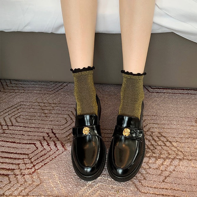 Sheepskin ~ Thick-Soled Small Leather Shoes for Women, Camellia Slip-On Genuine Leather Loafers, British Retro Thick-Heeled Lazy Shoes