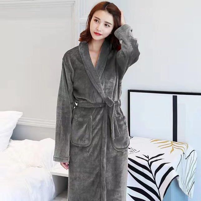 2024 New Autumn and Winter Flannel Bathrobe Flannel Nightgown Long-Sleeved Extended Bathrobe Ready-Made Home Clothes Wholesale