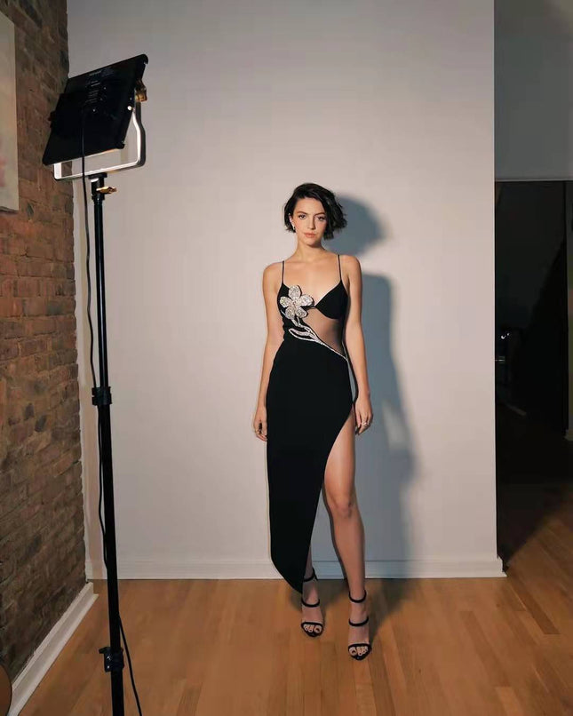 European and American Cross-border Trendy Brand Light Luxury Heavy Industry Nail Drill Bandage dress Hot Girl Sexy Sling Slip Split Small Black Dress