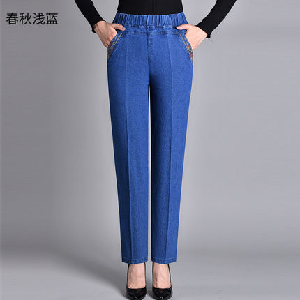 Women's Loose-Fitting Jeans with Elastic Waistband, Stretchy, Casual High-Waisted Pants for Middle-Aged and Elderly Women, Fleece-Lined, Dark-Colored, Slimming Effect