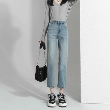Straight Leg Jeans Women's Trendy All-match Summer Thin New High Waist Loose Slimming Light Color Cropped Narrow Smoke Tube Pants
