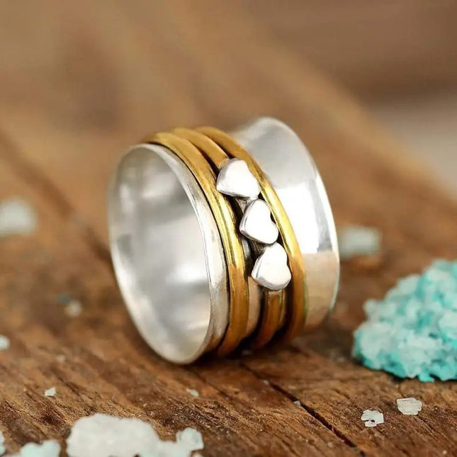 Retro Punk Style Carved Wide Body Ring Three Hearts Two-Color Ring Personalized Trendy Cool Men and Women Same Style Jewelry Batch