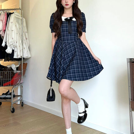 Petite Doll Collar Plaid Dress for Girls, Sweet Style Mini Dress, First Love Style, Cute Princess Doll Dress