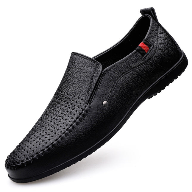 2025 Spring/Summer Men's Perforated Leather Shoes Fashionable First Layer Cowhide Breathable Driving Loafers Casual Leather Shoes