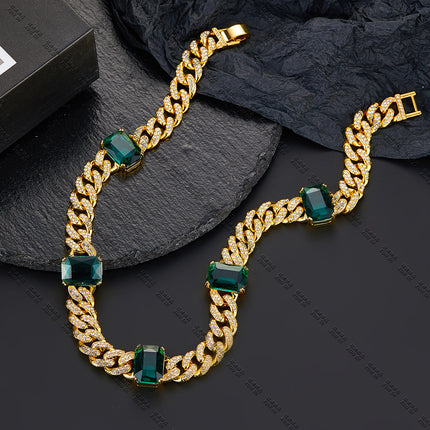 Emerald New Hip-Hop Necklace, Fashionable and High-End Alloy Rhinestone Cuban Chain Pinduoduo Drop Shipping