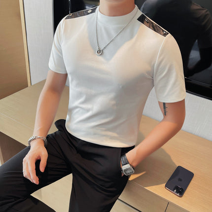 New Products Recommended Men's Short-sleeved T-shirt Small Middle Neck Slim-fit High Elastic Base Shirt Shoulder Button Design Half-sleeved T-shirt