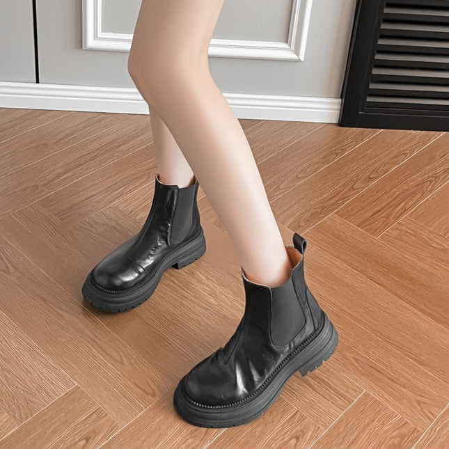 Casual and Good-Looking ~ Retro British Style Round Toe Thick Heel Thick Sole Chimney Boots Chelsea Boots Short Boots for Women Autumn and Winter New Style
