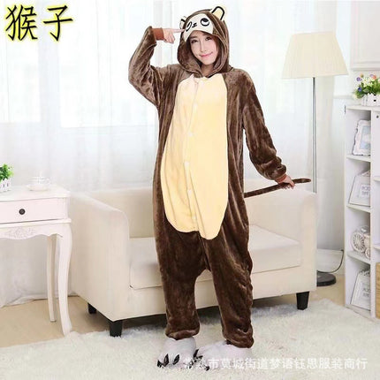 Mixed Batch of Animal Brown Monkey Adult Cartoon One-Piece Pajamas Autumn and Winter Flannel Thickeneded Toilet Version Home Clothes