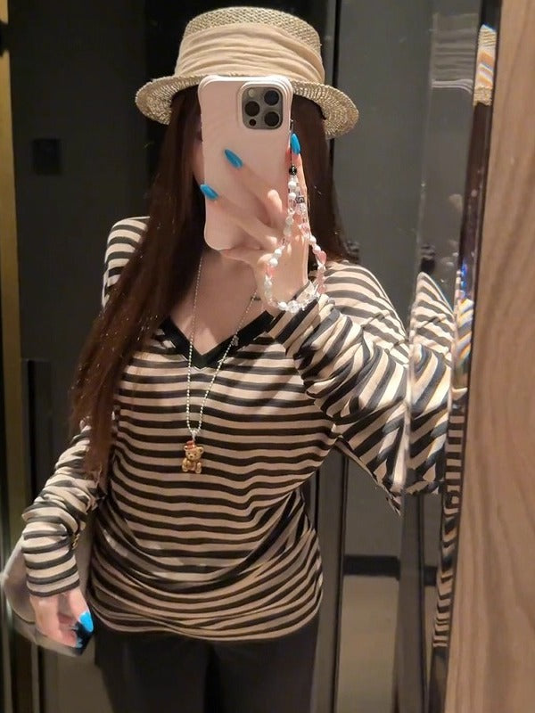 Lazy and Relaxed Stripesd Sun Protection Long-Sleeved Blouse for Women Summer Niche Design Loose Casual Versatile T-Shirt Top