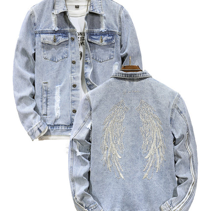 2025 New Autum Trendy Brand Motorcycle Jacket Tops Light Retro Wings Embroidered Ripped Denim Jacket for Men