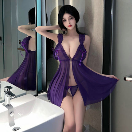 Internet Celebrant Sexy Pajamas Transparent Mesh Open Chest Sling Nightgown Summer Thin Pure Desire Bed Flirting Nightgown for Couples