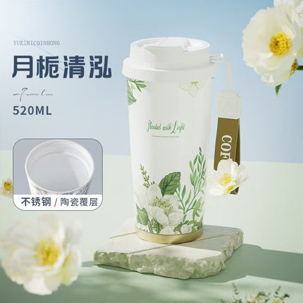 New Ceramic Thermos Coffee Cup for Girls, a Lucky Charm with High Aesthetic Value, Double Drinking Cup, Lily of the Valley Gift Cup