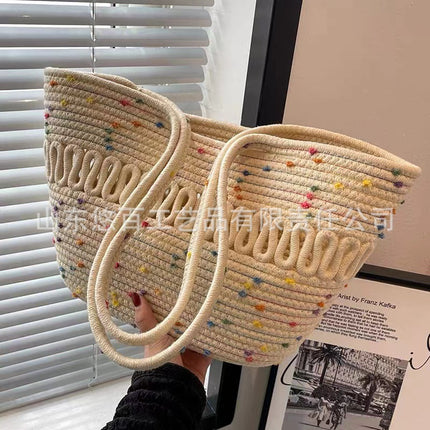 Summer Niche Straw Woven Bag Women's 2022 New Fashionable Cotton Woven Bag Beach Bag Large Capacity Shoulder Basket Bag