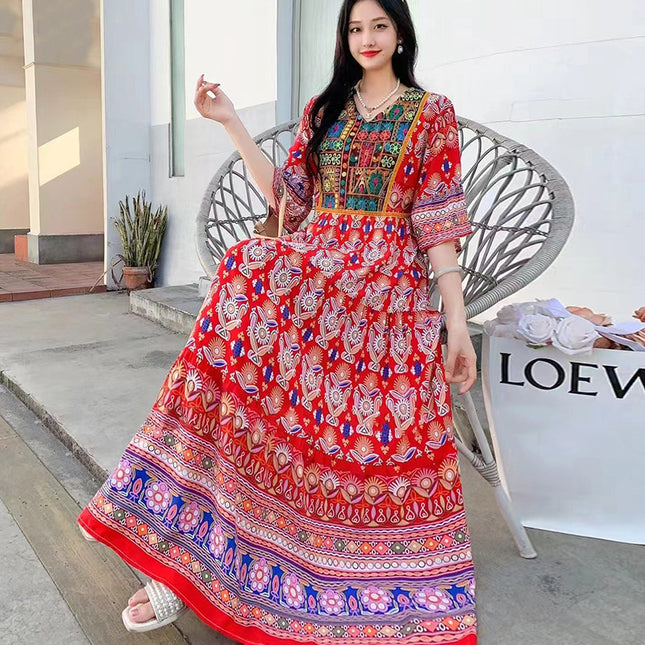 Amazon Cotton Silk Beach Dress Ethnic Style Large Swing Dress V-Neck Mid-Sleeve Dress Embroidered Vintage Floral Long Dress