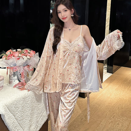 Wholesale Autumn and Winter New Style Gold Velvet Light Luxury Pajamas for Women Gold Velvet Home Clothes Live Broadcast Three-Piece Set Lace Pure Desire