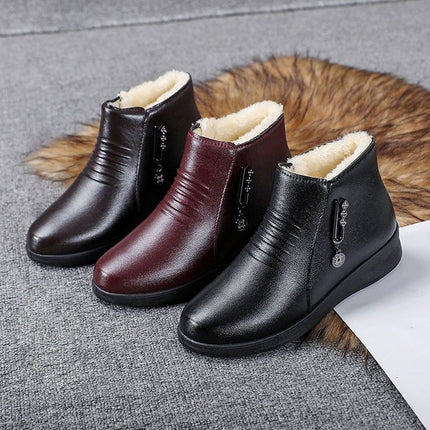 Mom's Shoes, Cotton Shoes for Women, Autumn and Winter Soft-Soled Short Boots for Middle-Aged Women, Middle-Aged and Elderly Women's Shoes, Fleece-Lined Warm Flat Leather Shoes